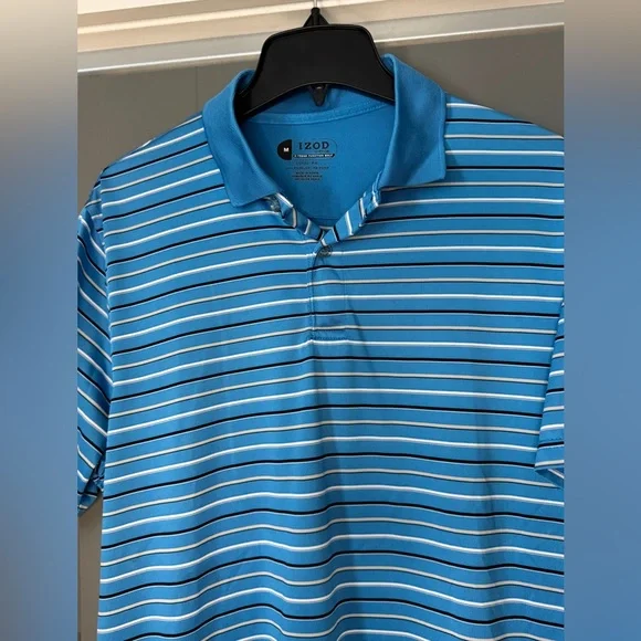 Izod Men's Light Blue and White Striped Polo Shirt - Picture 3 of 5